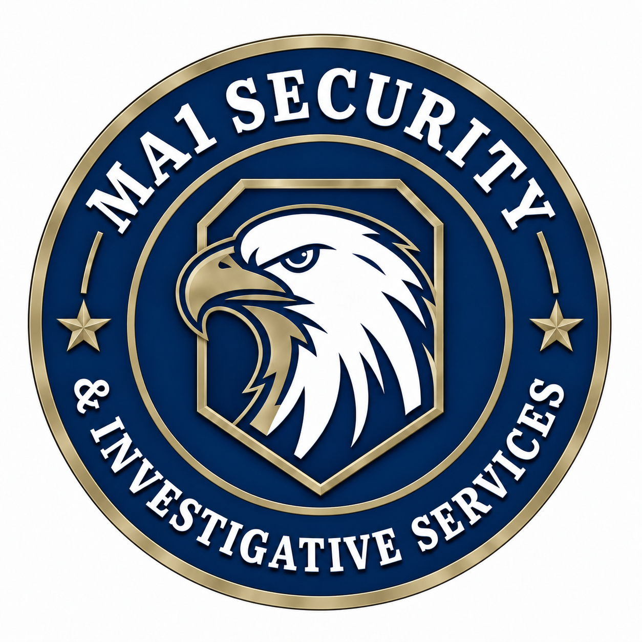 MA1 Security & Investigative Services navy and gold eagle logo